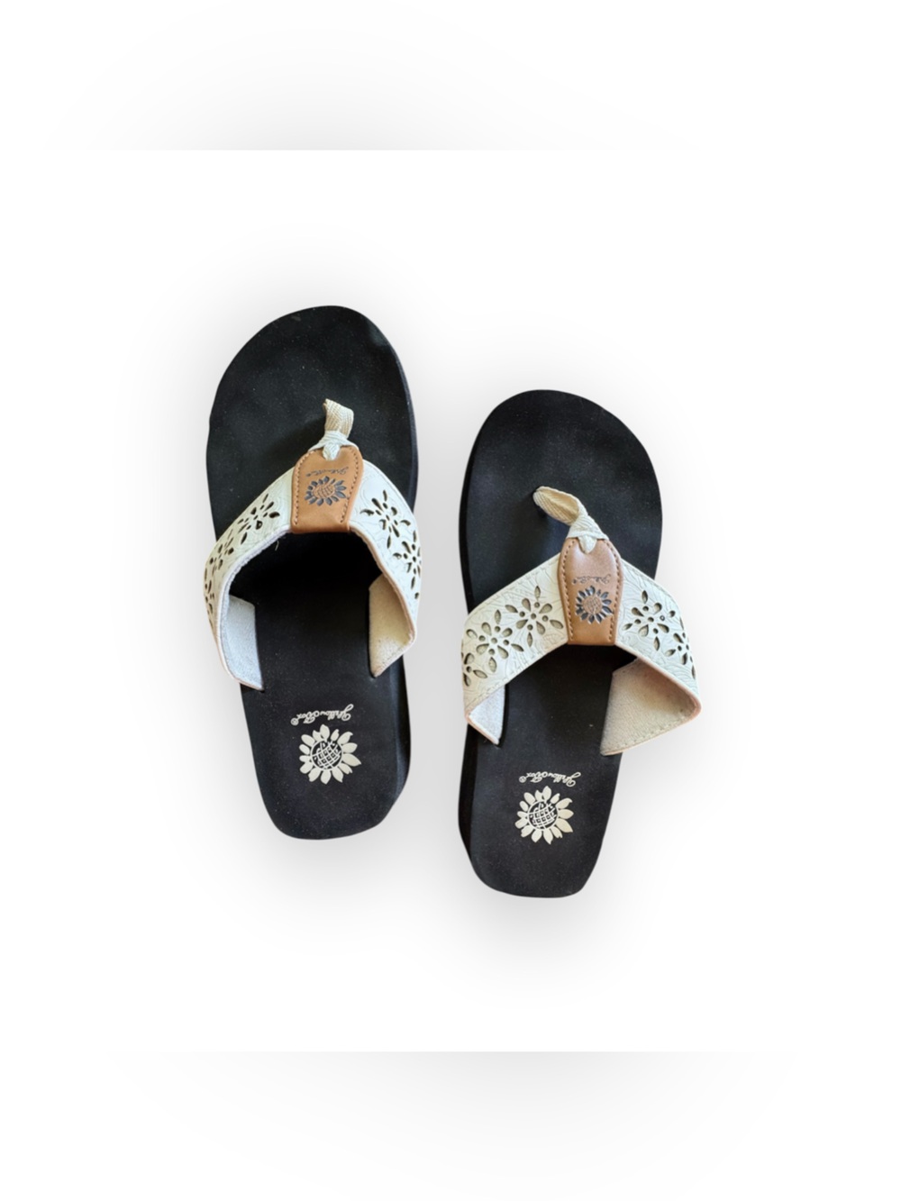 Yellow box Women's Black Flip Flop Sandals with White Laser-Cut Straps